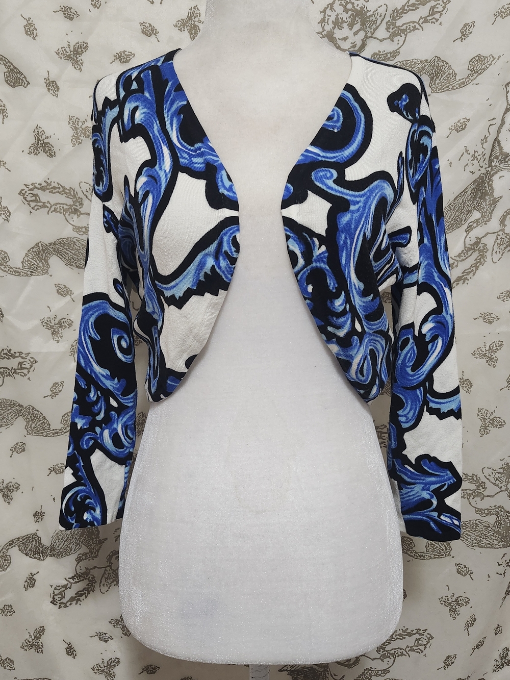 Vintage Y2k CACHE Blue & White Abstract Cropped Cardigan SZ M